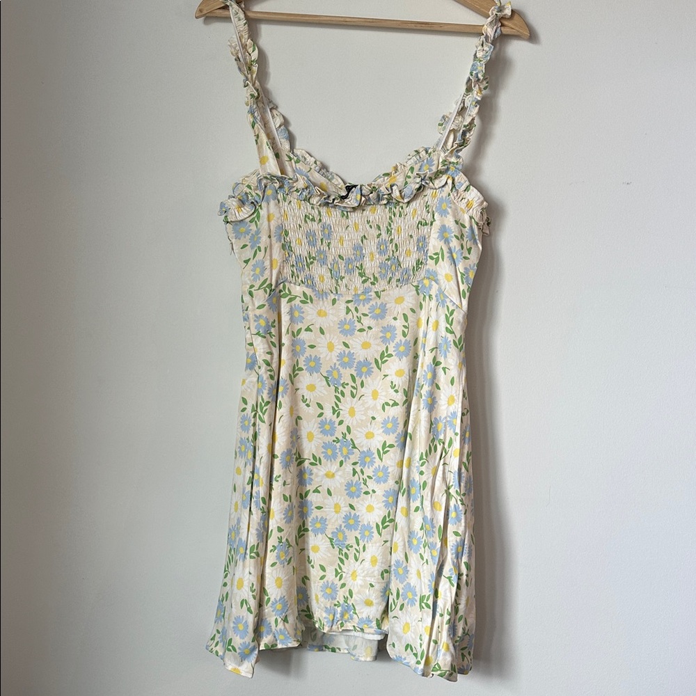 Satin-like Sundress with Blue and Yellow Flowers - Picture 3 of 4